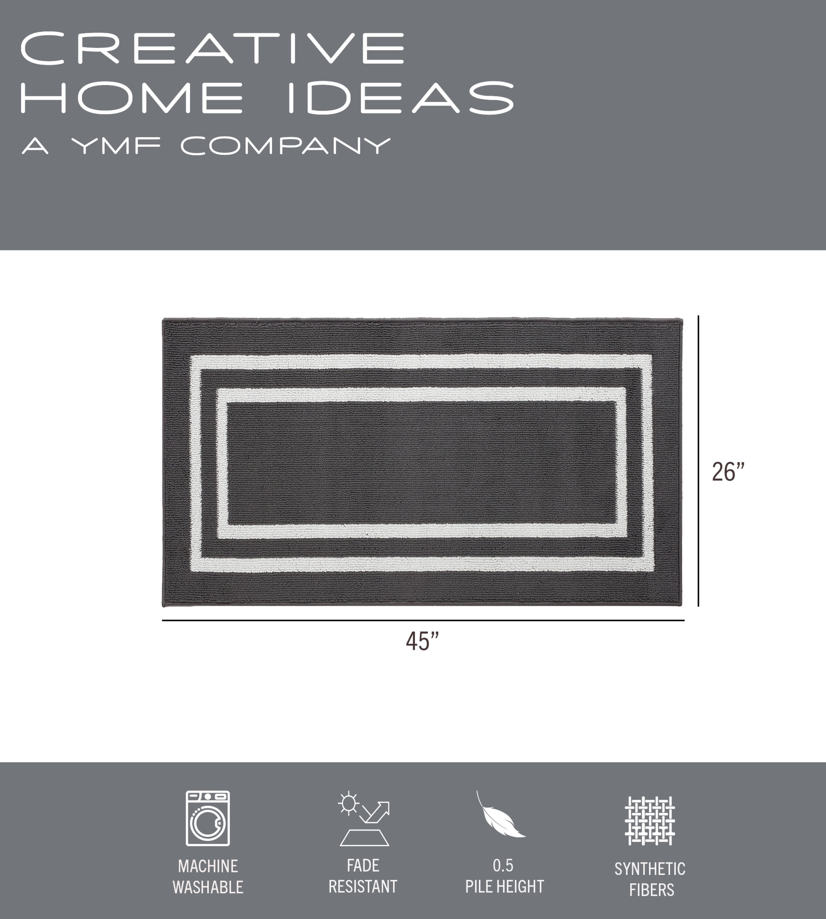 Washable Skid-Resistant Runner Rug, Border, Dark Grey and White, 26" x 45"