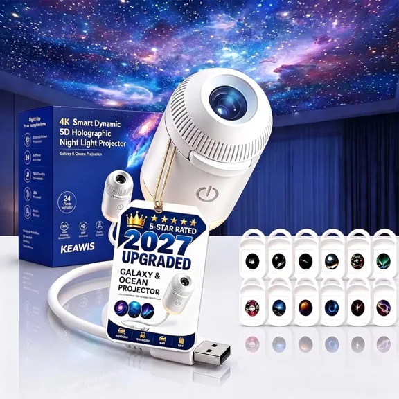 2027 Upgraded Hd Smart Dynamic 5d Holographic Night Light Projector, Plug and Play Hd Star Projector, 360° Adjustable Galaxy and Ocean for Bedroom Ceiling（12 Projection Films）