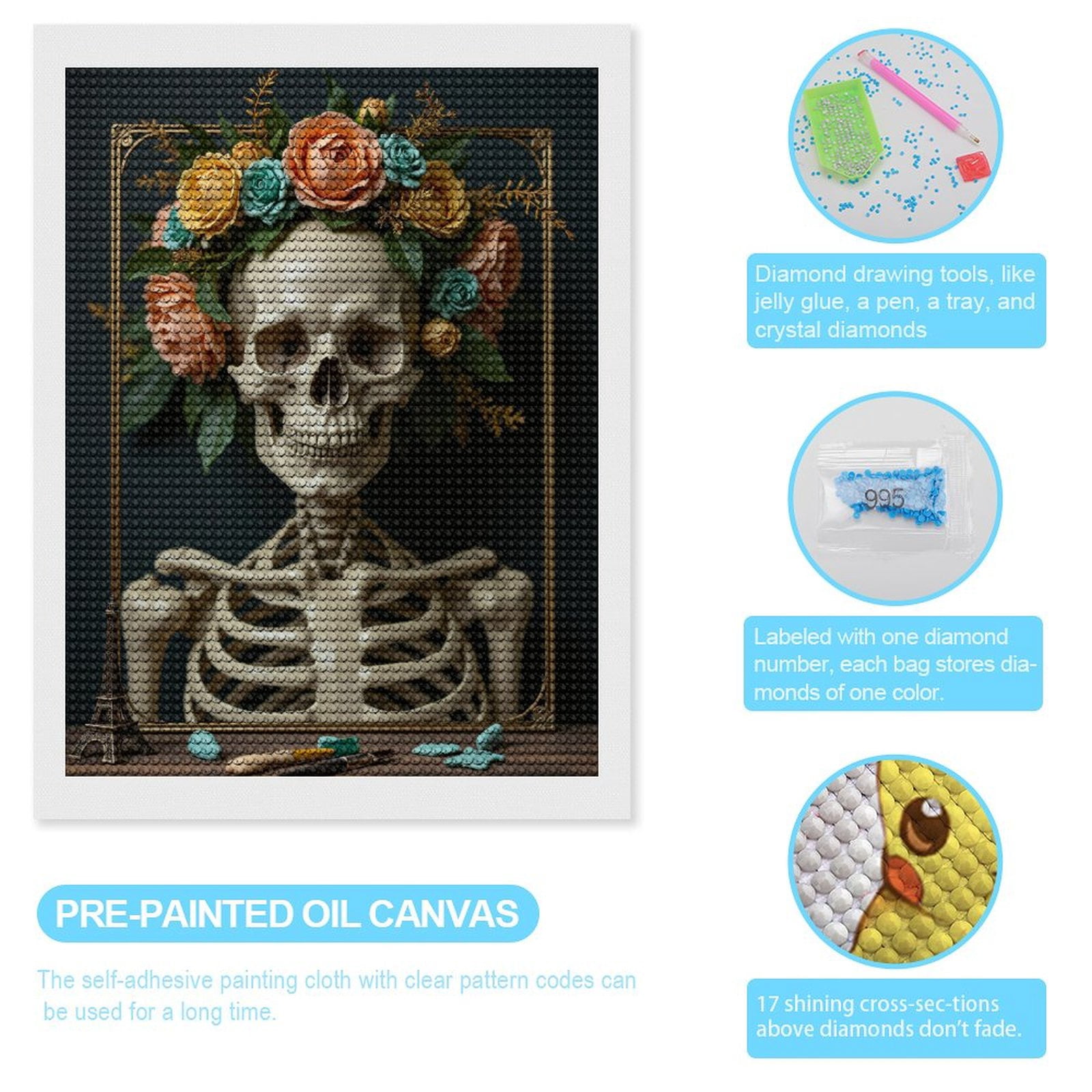 Diamond Art Kits for Adults, Skeleton With Floral Crown Painting Tools 5D Diamond Painting Kits for Adults Beginners, DIY Full Drill Diamond Painting, Gem Art and Crafts 12x16