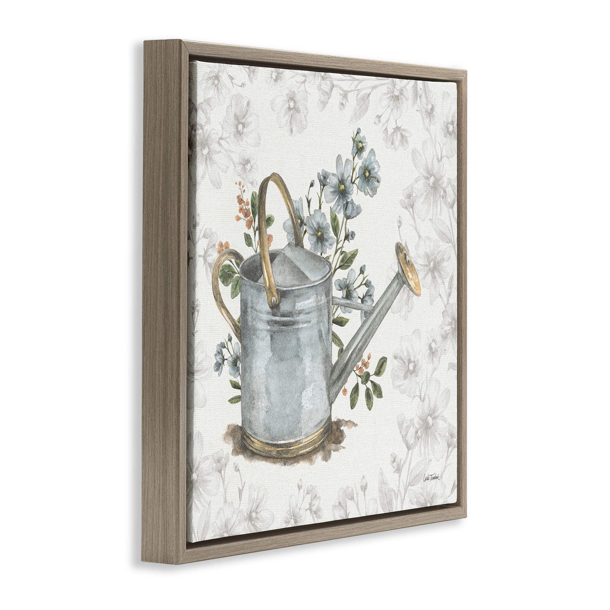 Stupell Industries Floral Watering Can Botanical & Floral Painting Brown Floater Framed Canvas Art Print Wall Art, 18 x 18