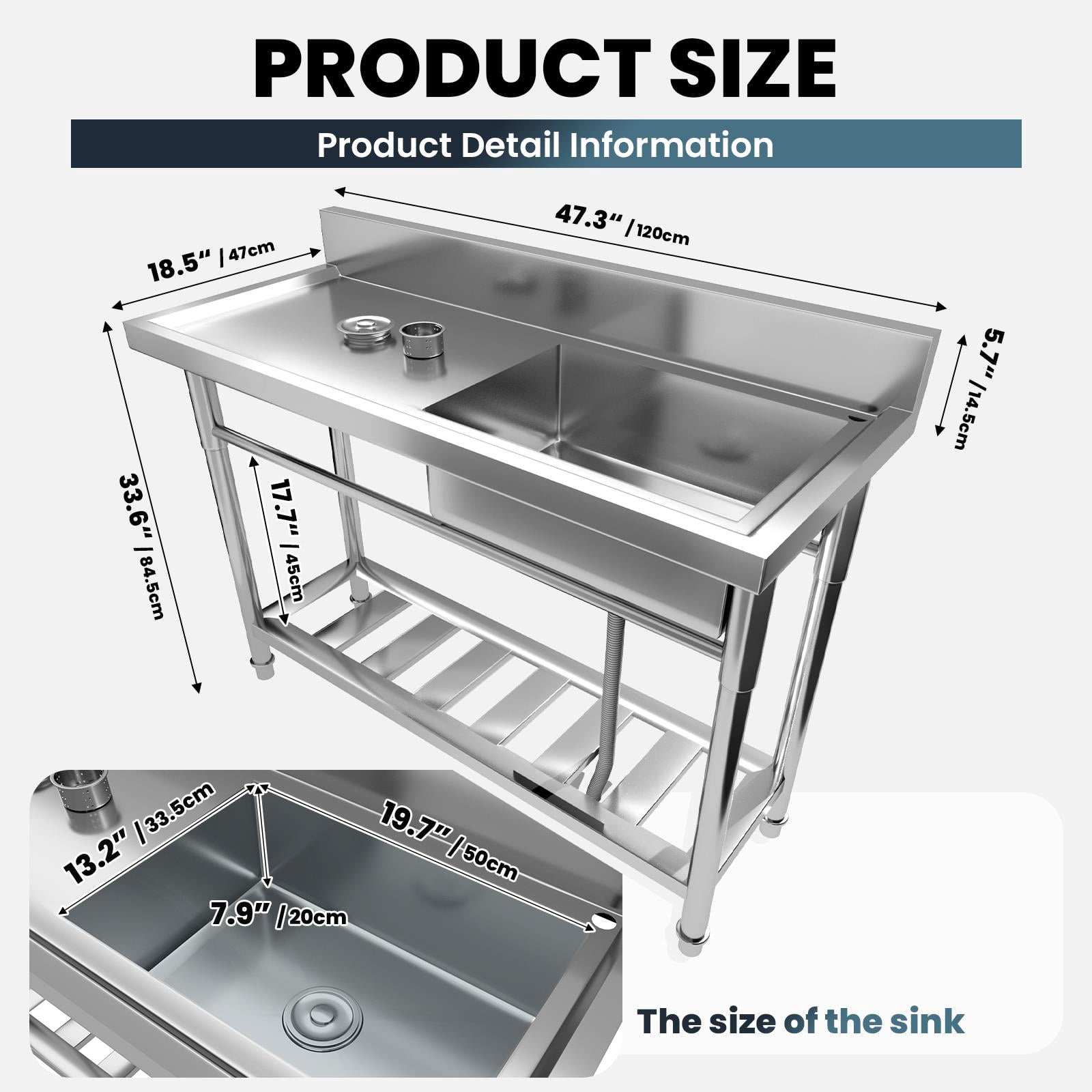Zhuotong22" Free Standing Stainless Steel Utility Sink, Single Bowl Commercial Kitchen Sink with Faucet & Storage Shelf, Heavy-Duty Sink for Home, Restaurant, Indoor Outdoor Use