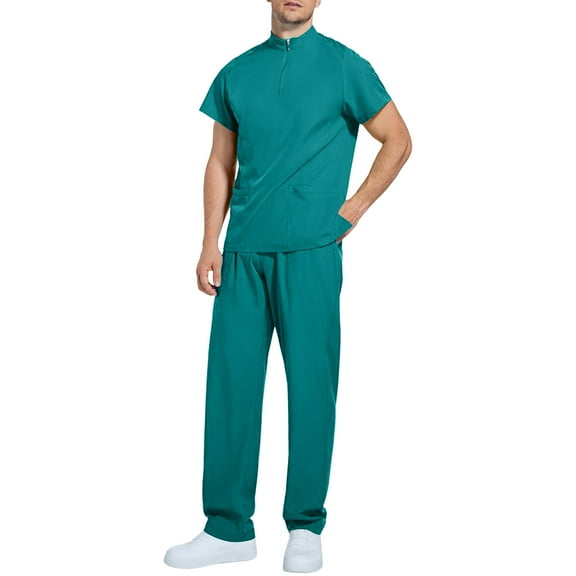 LTTVQM Scrubs for Men Set 2026 Spring Fall Uniform Stretchy Mock Neck Scrub Top & Cargo Pant with Multi Pockets Blue XL
