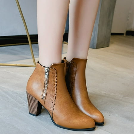 

ZMHEGW Women Boots Retro Leisure Solid Color Square Heels Zipper Short Booties Round Toe Boots Shoes