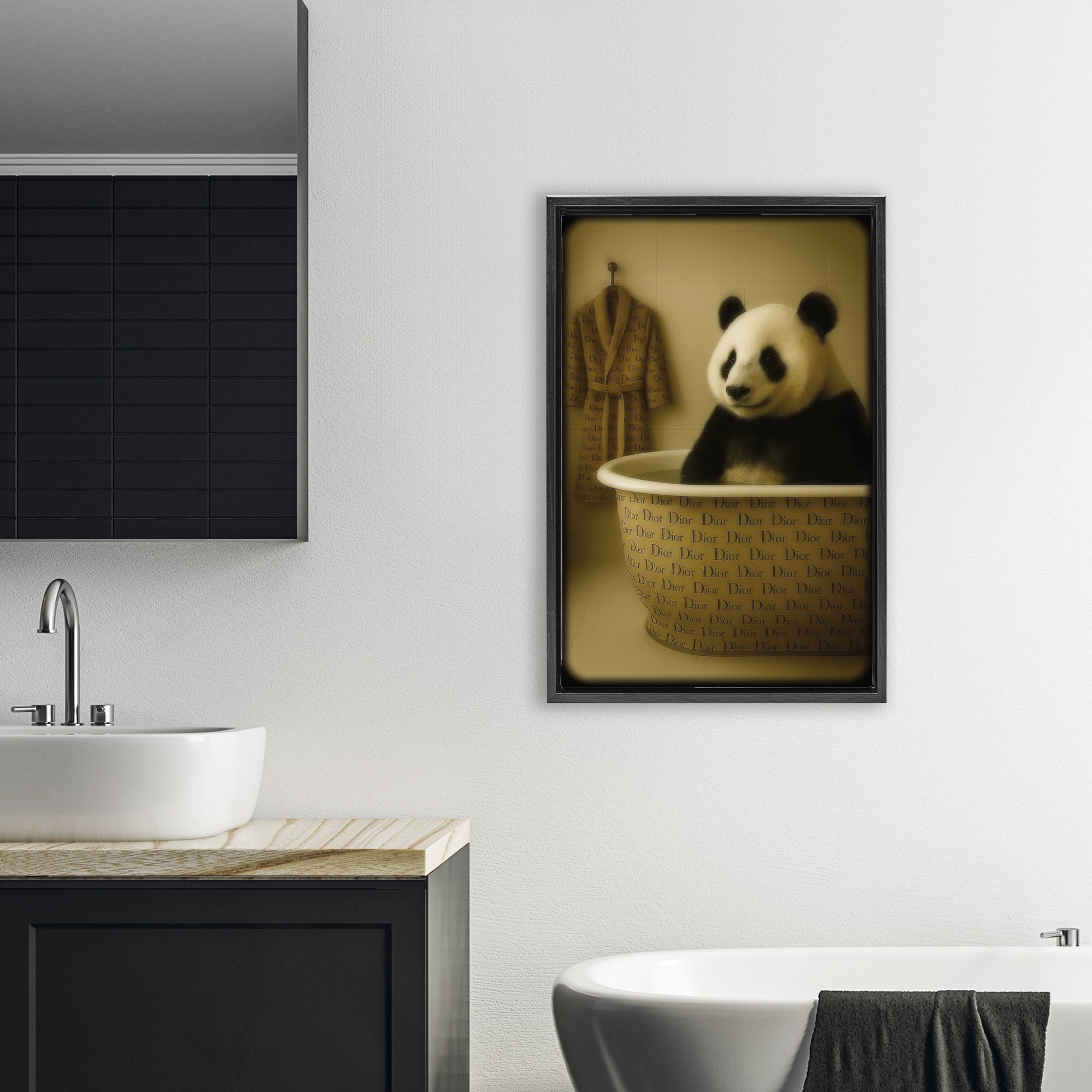 Stupell Industries Couture Panda in Luxury Tub Black Framed Floater Canvas Wall Art, design by Grotto Studios