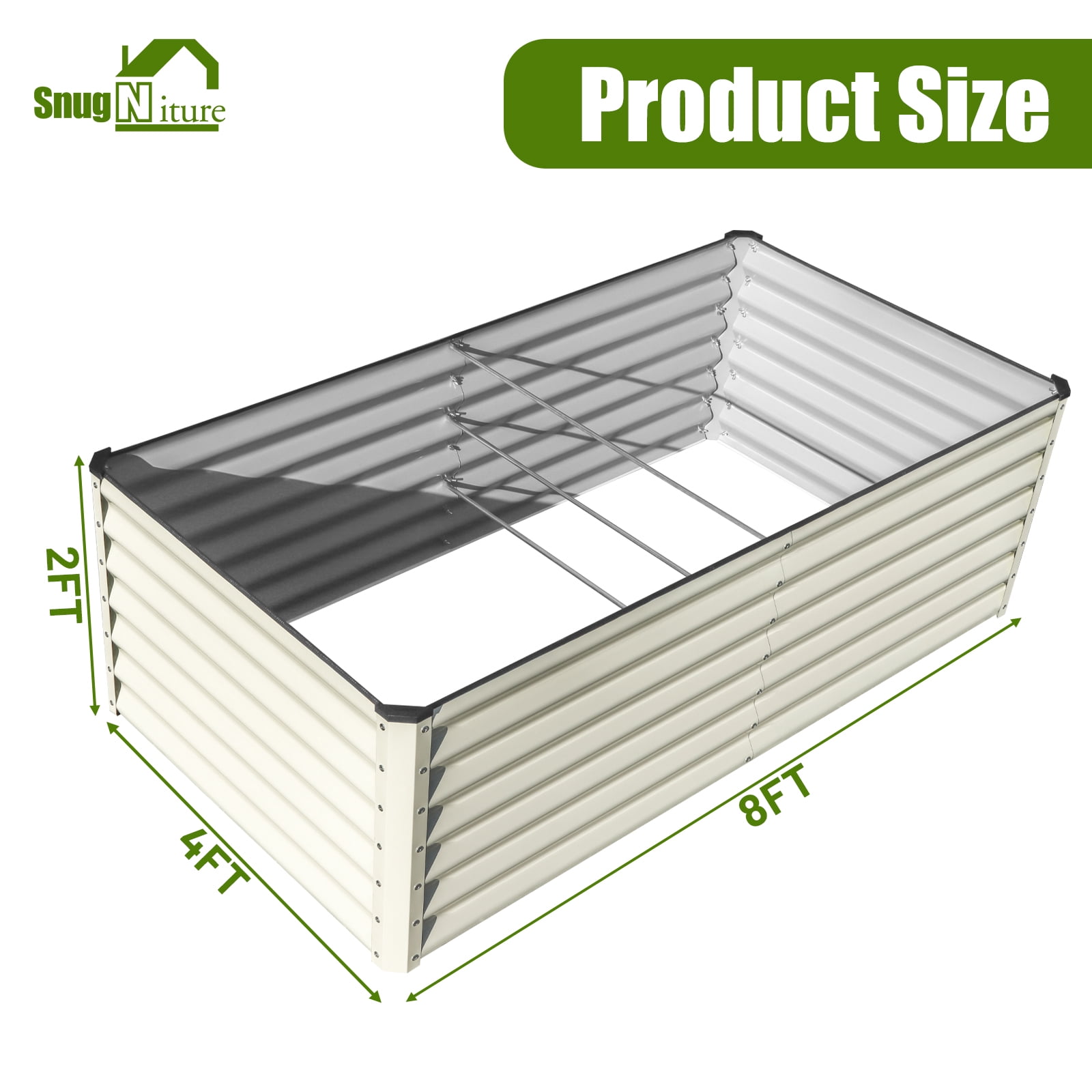 SnugNiture 8x4x2FT White Galvanized Raised Garden Bed, Large Outdoor Metal Planter Box Kit for Vegetables and Flowers