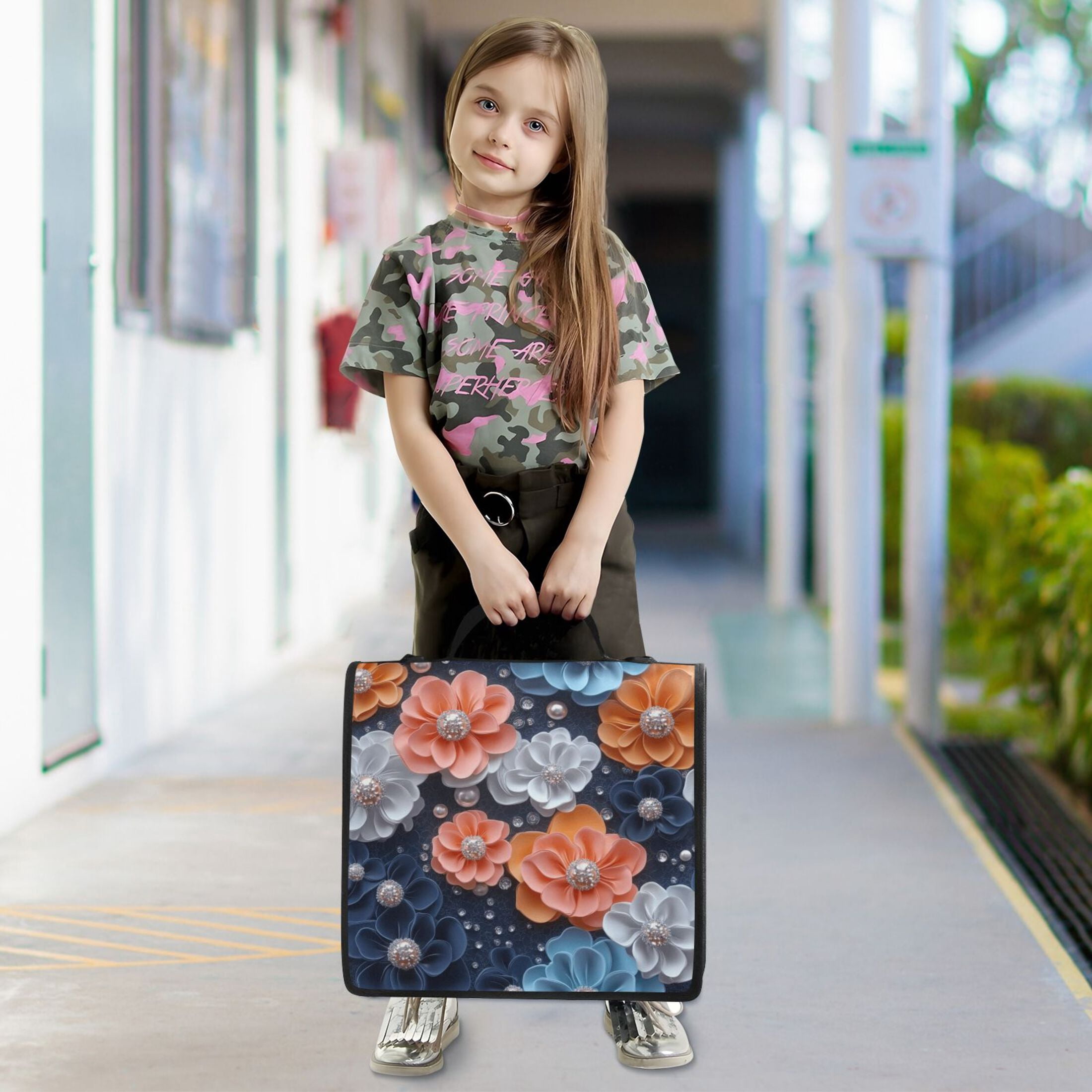 3 Ring Zipper Binder with Shoulder Strap Waterproof Trapper Keeper 2 Inch D-Ring 500 Sheets Capacity Colorful Flower and Pearls
