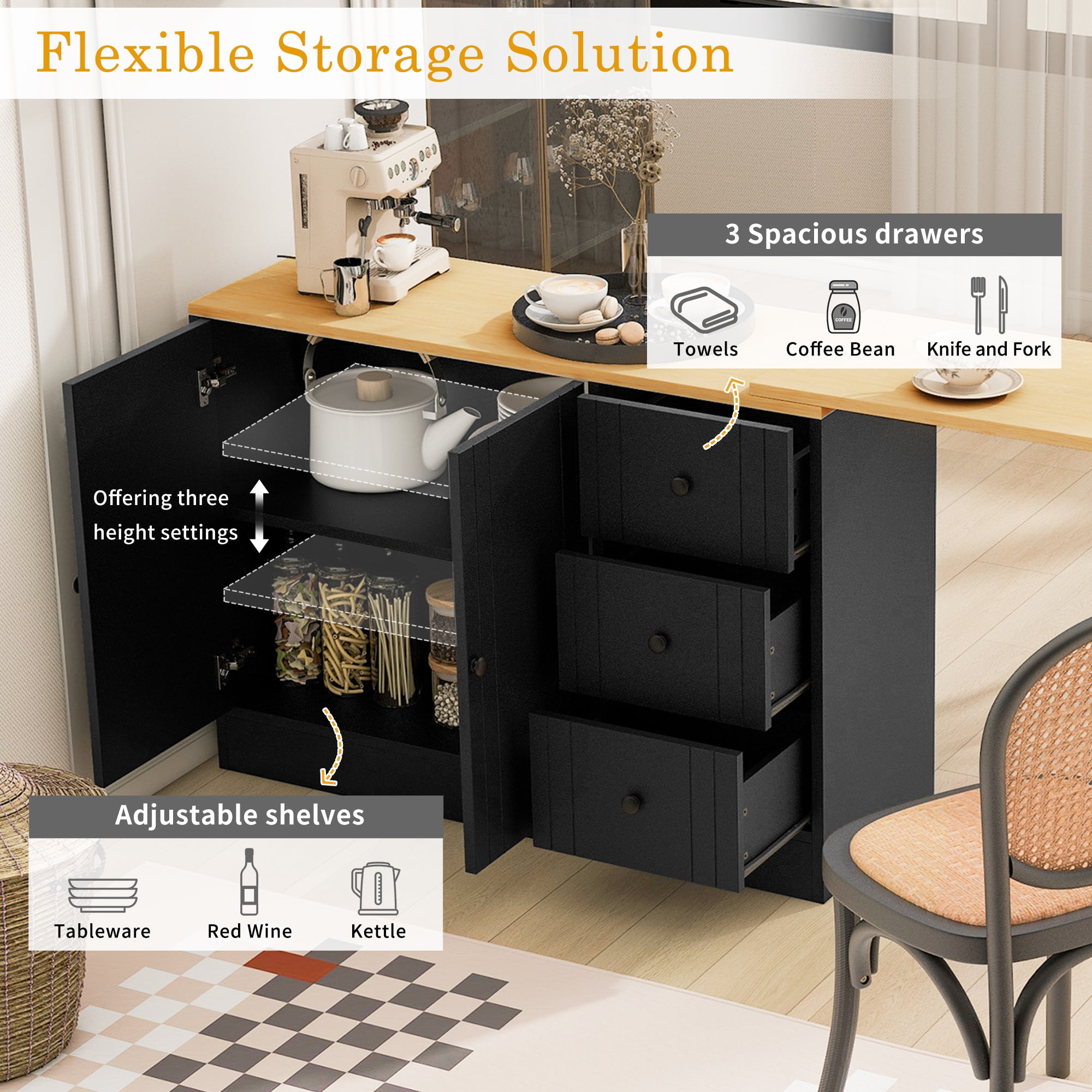 Aukfa Space-Saving Sideboard with 47" Extendable Dining Table,Buffet Cabinet for Kitchen Dining Living Room,Natural
