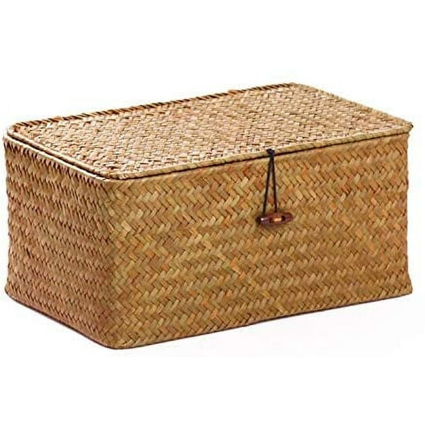 Petit panier de rangement en rotin avec couvercle, panier d'étagère tissé  en jonc de