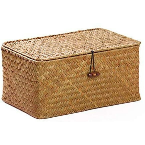 Straw Wicker Baskets with Lids- Nautral Seagrass Storage Baskets, Woven Rectangular Basket Bins, Rattan Storage Organizer Multipurpose Container