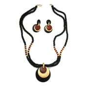TAZZA WOMEN'S GOLD BROWN AND BLACK WOOD SEED BEAD EARRINGS AND NECKLACE SET