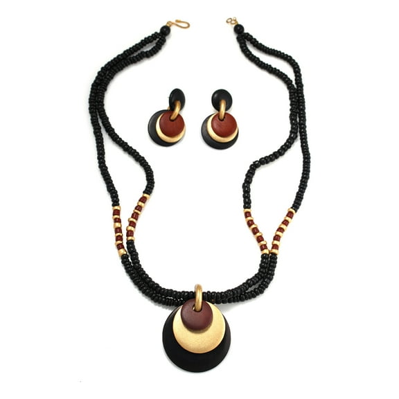 TAZZA WOMEN'S GOLD BROWN AND BLACK WOOD SEED BEAD EARRINGS AND NECKLACE SET