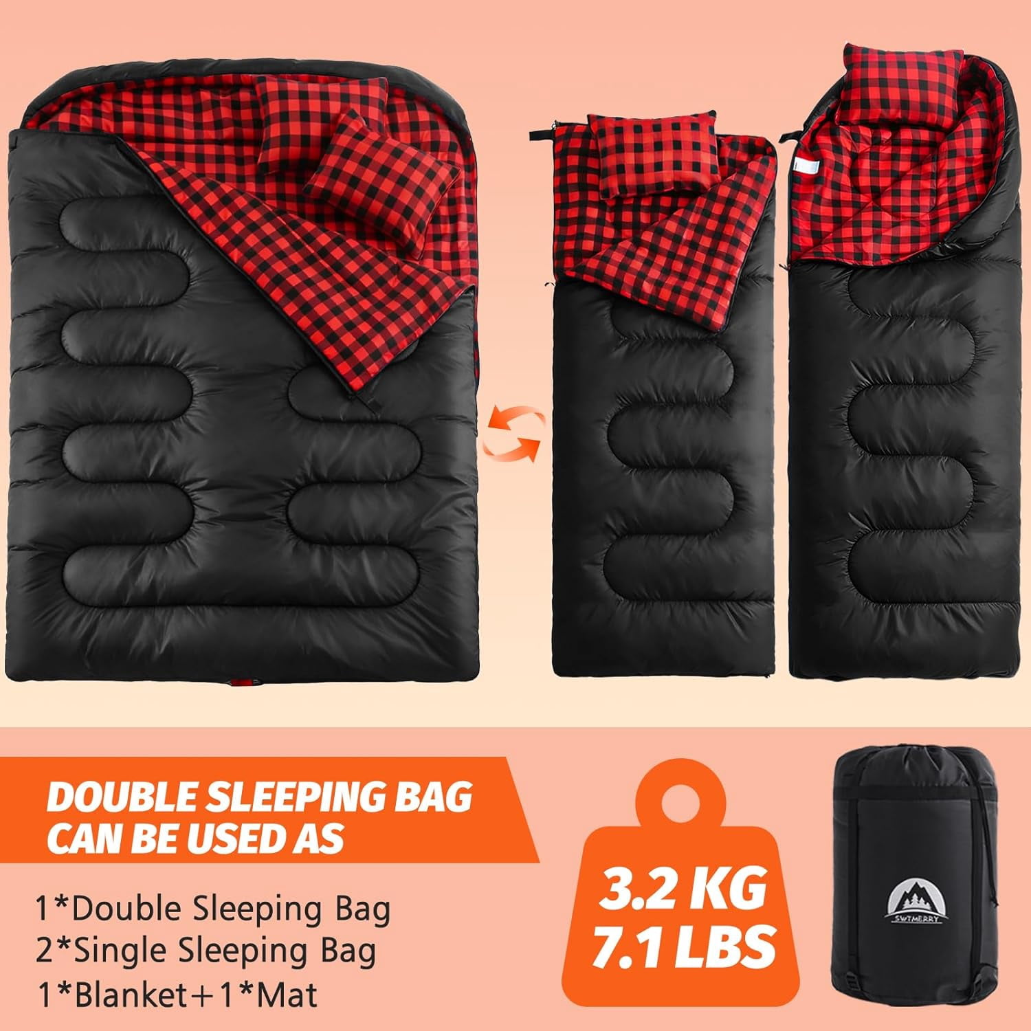 Double Sleeping Bag for Adults with 2 Pillows, Big & Tall Queen Size XL Person, Waterproof Lightweight Warm 3 Seasons, Cold Weather,Camping, Hiking Backpacking