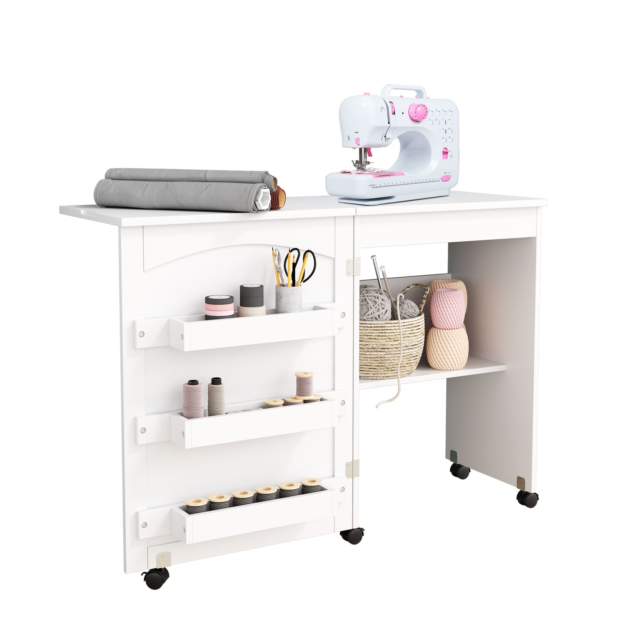 White Folding Sewing Table Shelves Storage Cabinet Craft Cart with Wheels