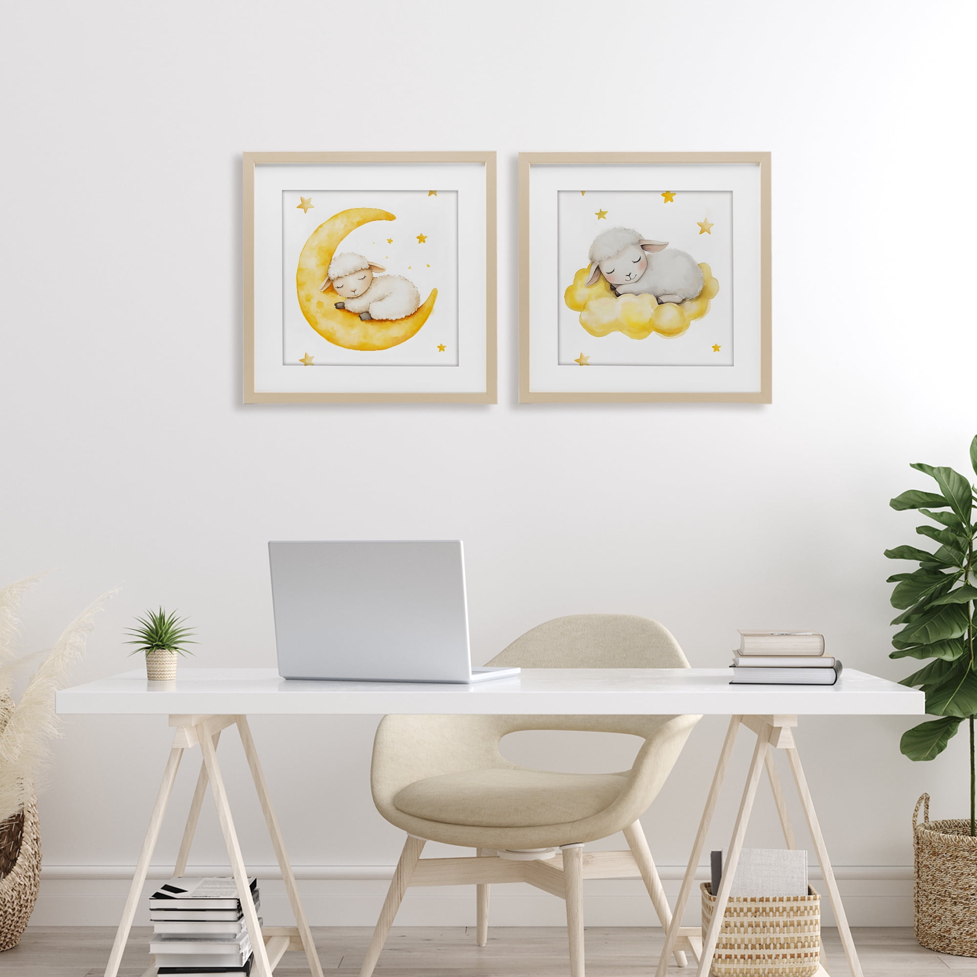 Stupell Industries Sleeping Sheep Cloud and Moon 2 Piece Birch Framed Print Under Glass Set, design by LSR Design Studio
