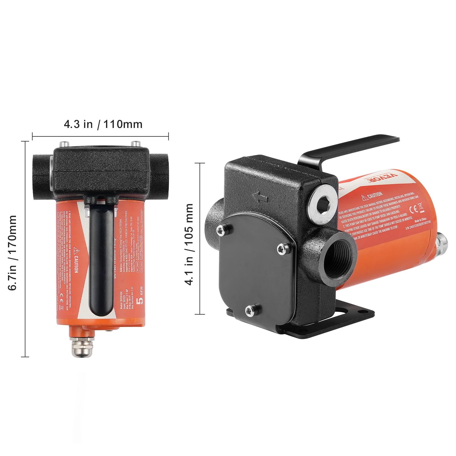 VEVOR Fuel Transfer Pump, 12V DC 5.3 GPM 1/10 HP, Portable Electric Diesel Transfer Pump with Auto Shut-Off Fuel Nozzle, Long Inlet & Outlet Hose for Gasoline, Diesel, Kerosene, Methanol Blends