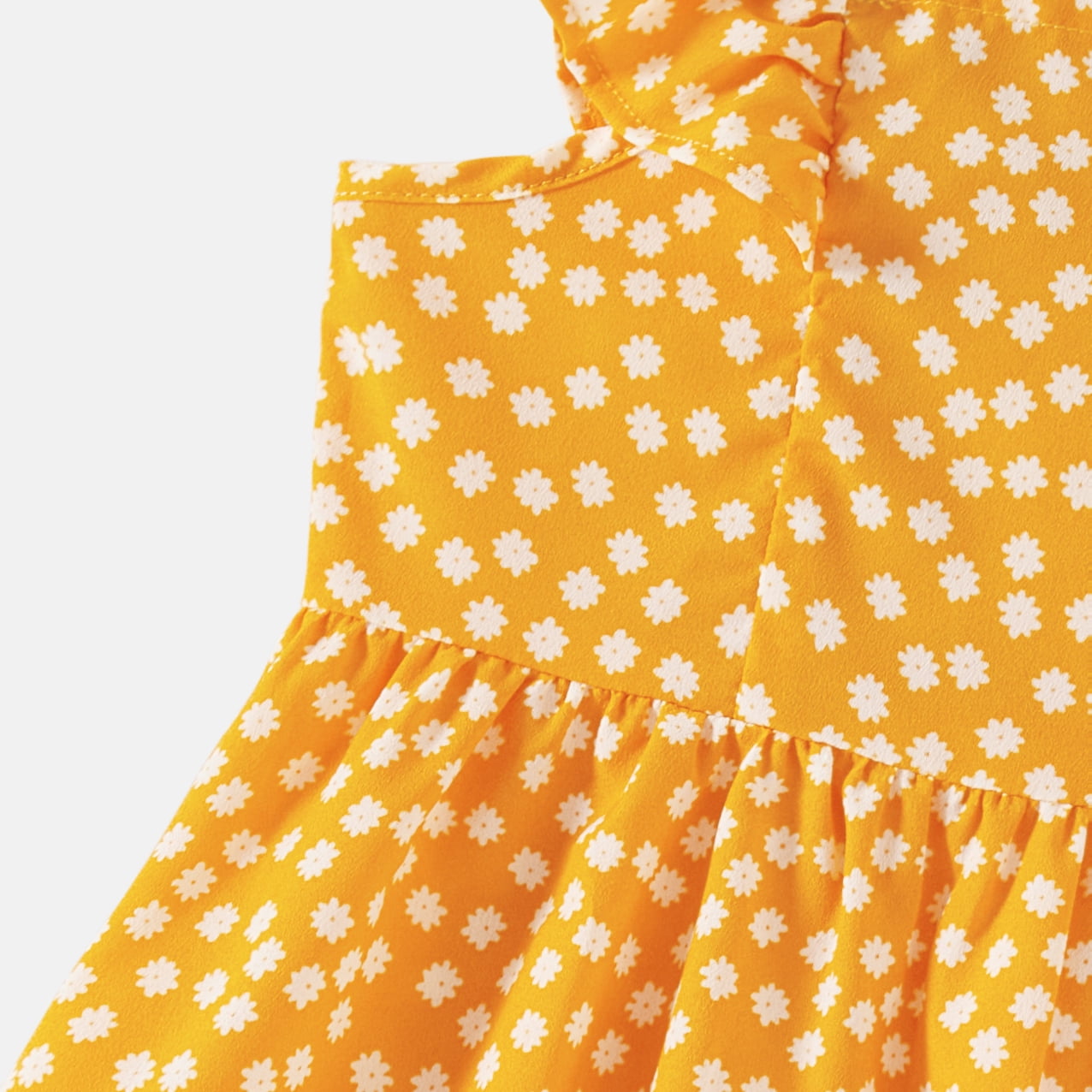 All Over Floral Print Yellow V Neck Ruffle-sleeve Belted Dress for Mom and Me