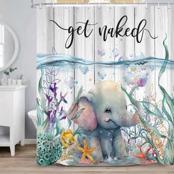 MIZHONA Ocean Theme Shower Curtain Coastal Elephant Bathroom Curtain with Hooks 72"x72"