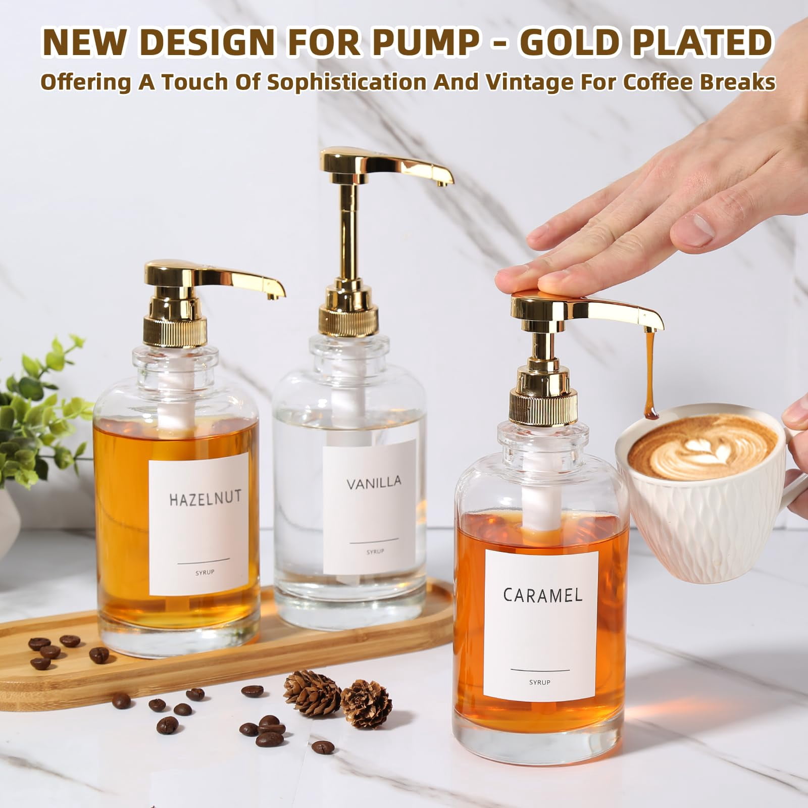 Condiment Dispensers Gold Set of 3, Glass Pump with Tray for Coffee Syrup