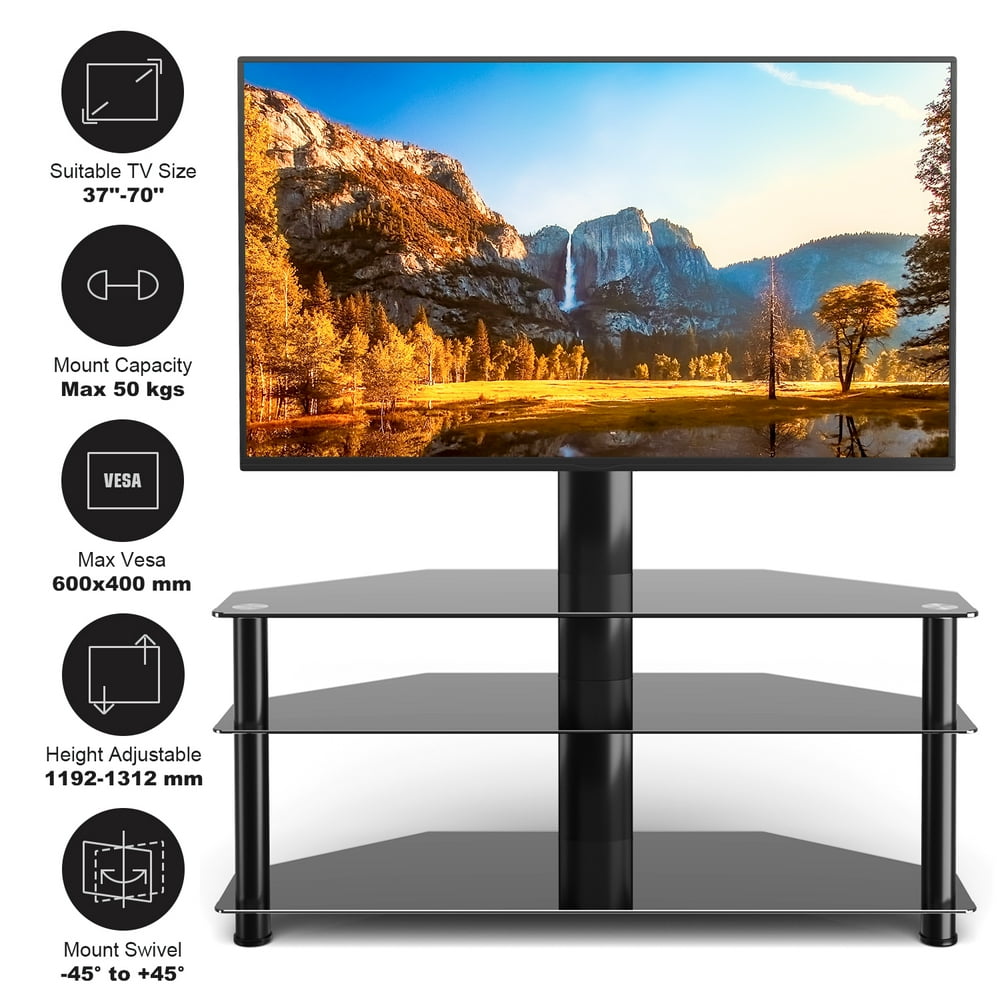 Modern Floor Glass TV Stand for TVs up to 70 inch with Mount Black