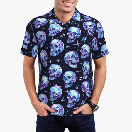 Gaeub crystal Skull Print Men s Polo Shirts Short Sleeve Golf Performance Shirts Stretchy Golf Shirts Casual Summer Beach Shirts-Large