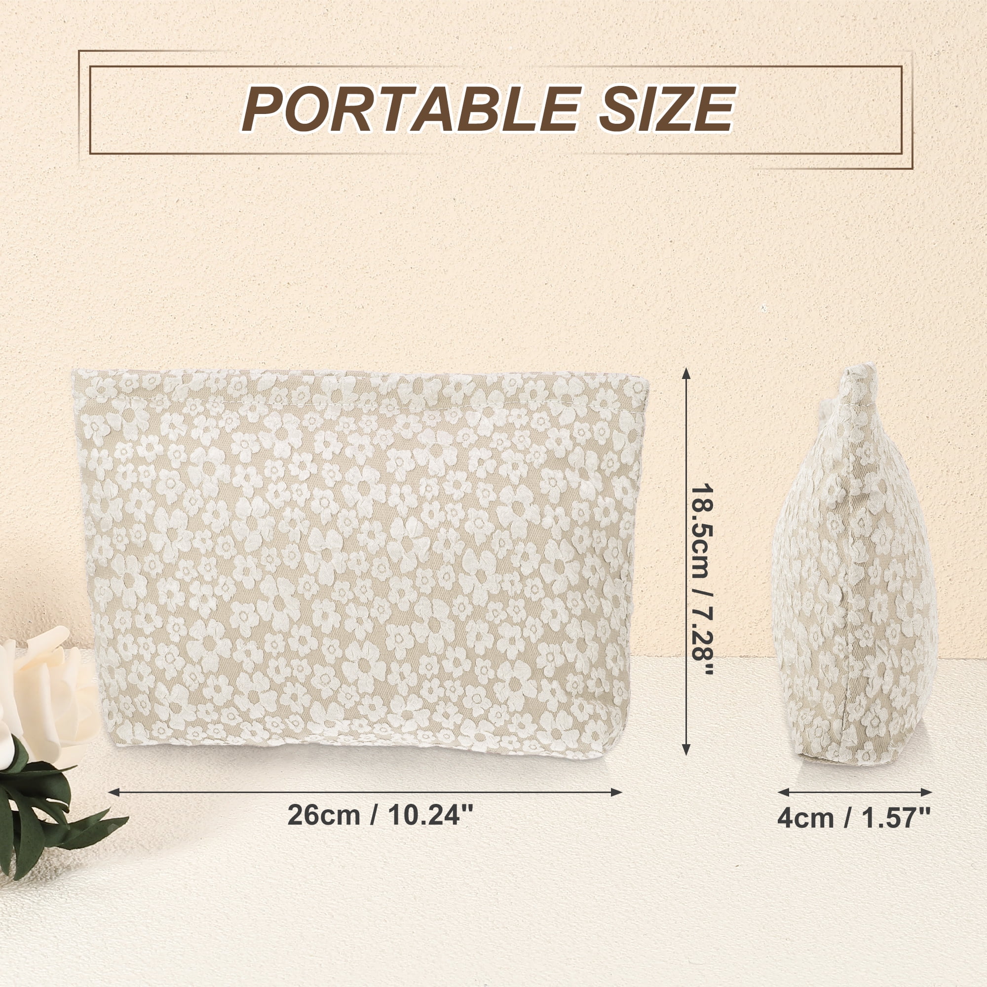 Unique Bargains Flower Cosmetic Bags Canvas Large Capacity Makeup Pouch Lipsticks Beige