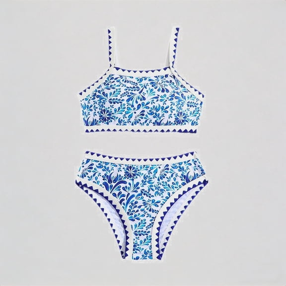 REDARER Girls' 2-Piece Bikini Set – Floral Print Crop Top   High-Waisted Bottom with Trim, Elegant Beach Vacation Swimwear,10Y