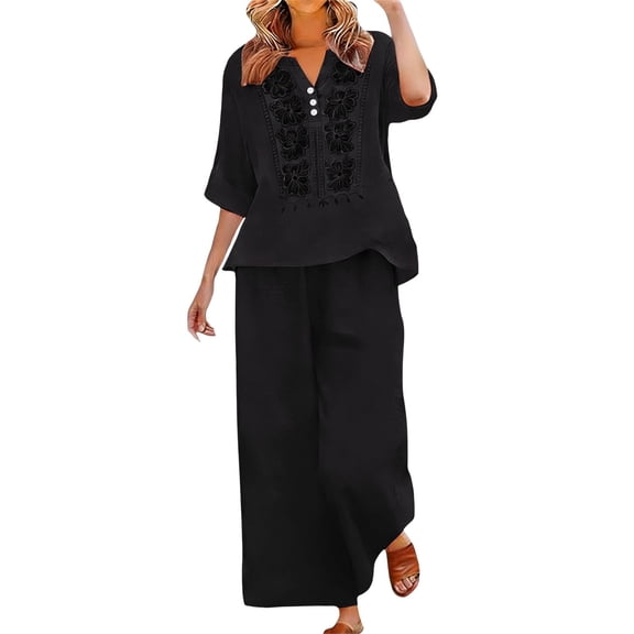 Embroidered Two Piece Set For Women Summer Business Casual Outfits For Women Lounge Sets For Women Women Linen Shorts Set Cotton Sets For Women 2 Piece Womens Two Piece Sets Cotton Linen Pants Set
