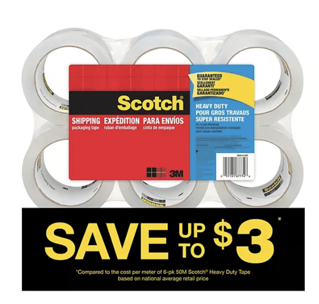 Scotch Heavy Duty Shipping Packaging Tape, 1.88" x 60.15 yd, 6-Pack