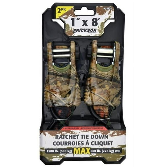 Erickson 35612 1 x 8 in. 1500 Camo Ratchet Tie Down with Cap Locks - Pack of 2