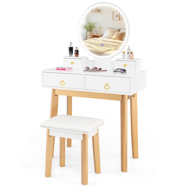 Gymax Coiffeuse avec Miroir à DEL Éclairé Table de Maquillage avec Tabouret Doux Rembourré