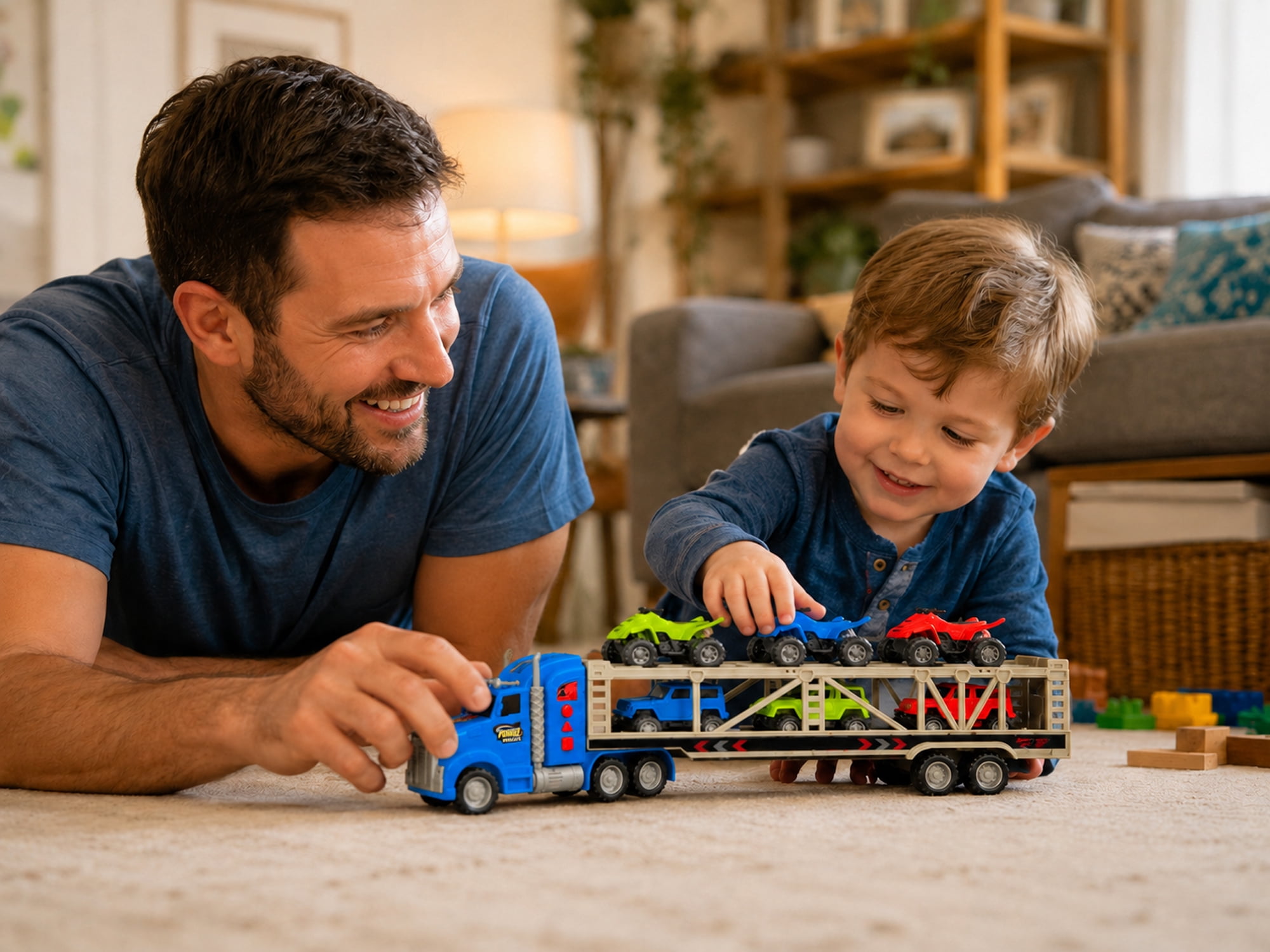 Friction Powered Toy Car Carrier Truck, 23 Inch Transport Trailer with 6 Mini Vehicles, Lights, Sounds, Opening Rear Door, Detachable Trailer