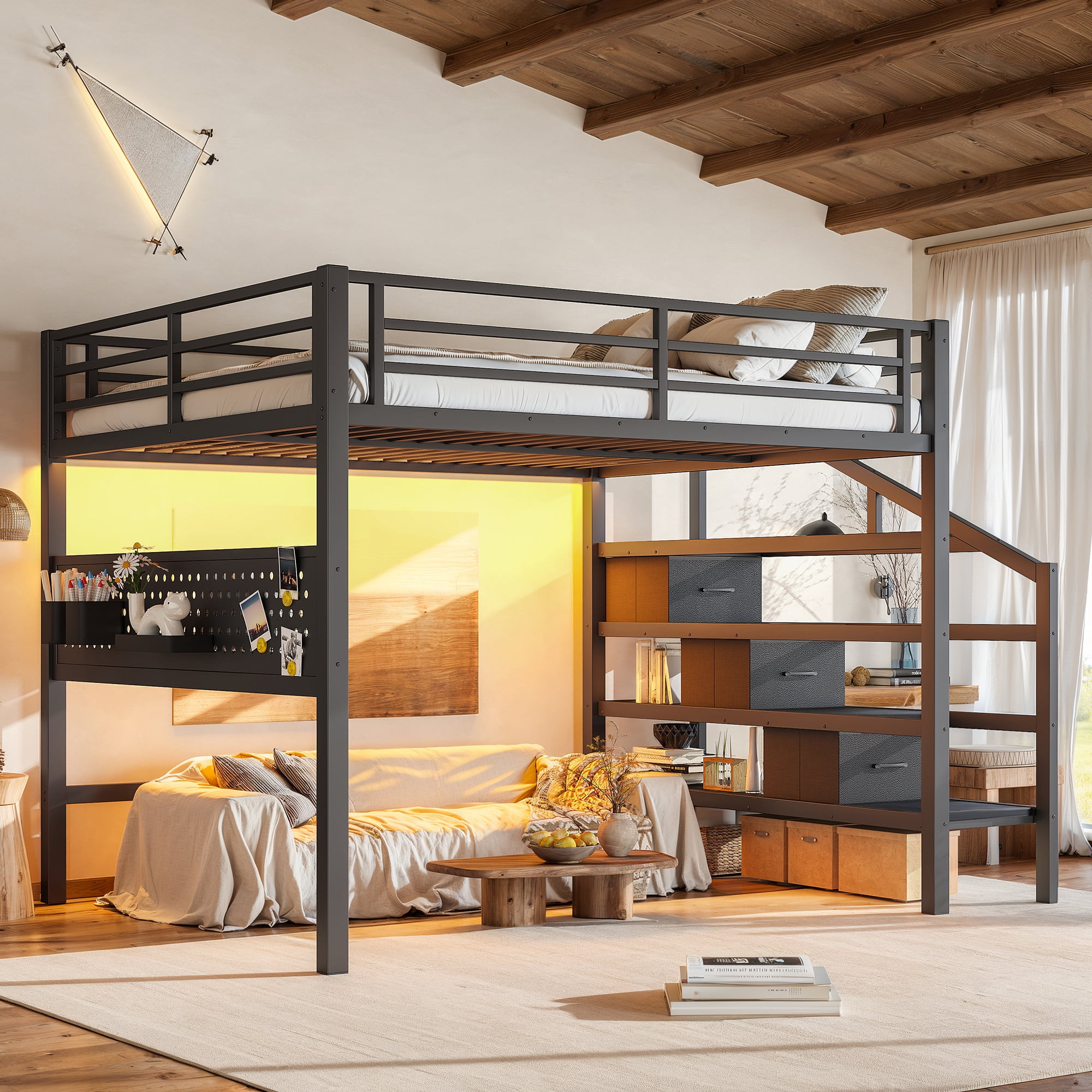 Leumius Queen Size Loft Bed with Storage Stairs and Movable Desk with USB,Metal Loft Bed Frame with 3 Fabric Drawers and LED, Full-Length Guardrail and Pegboard,Black