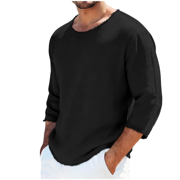 Avirosel Men's Casual Solid Color 3/4 Sleeve Round Neck Shirt Regular Fit Polyester Breathable Comfortable Top for Gym Sports Outdoor Activities Black