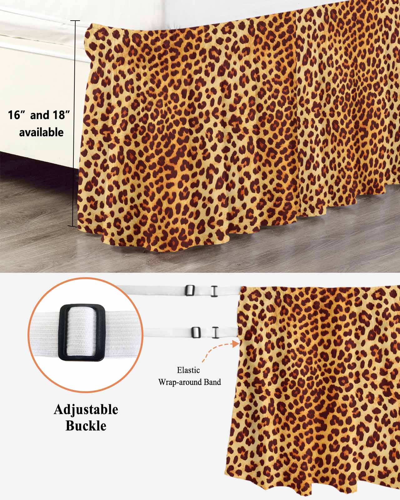 Wild Leopard Bed Skirt Animal Skin Pattern Vintage Leopard Bed Skirts Queen Size 16 Inch Drop, Wrap Around Dust Ruffle&nbsp;Bedskirt with Adjustable Elastic Belt for Queen Size Beds