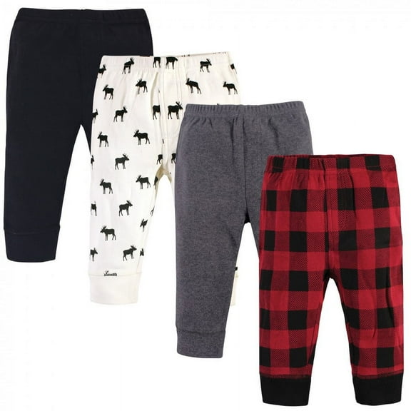Touched by Nature Baby and Newborn Boy Organic Cotton Pants 4pk, Buffalo Plaid Moose, 0-3 Months