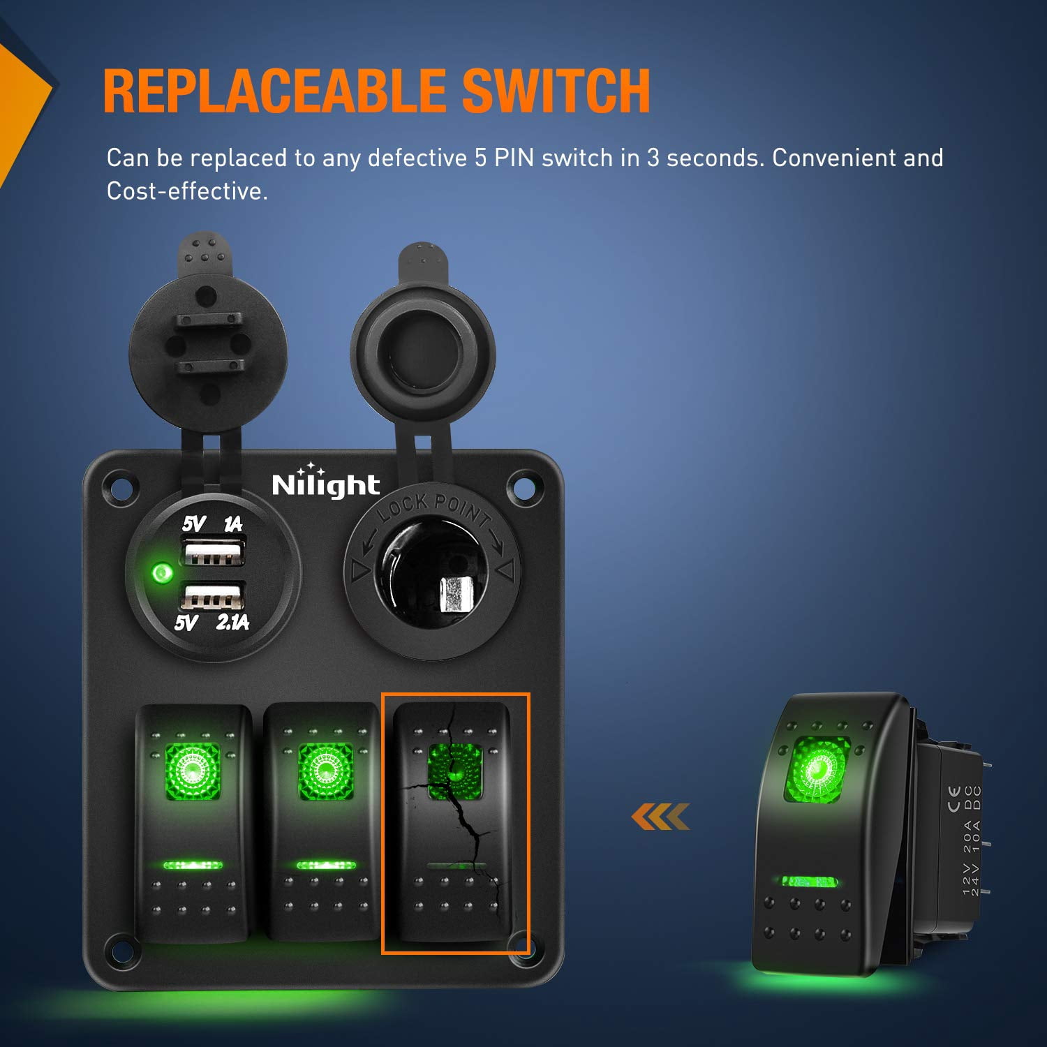Nilight 6 Pack Rocker Switches with Night Glow Stickers 5 PIN SPST Rocker Switches with Green Backlit 12V/24V Toggle Switches for Cars Trucks RVs Boats Auto Motorcycles,2 Years Warranty