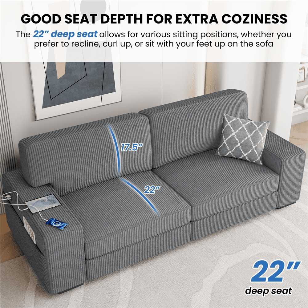 Renwick 83.5'' W 2-Seater Modern Corduroy Fabric Sofa Couch with USB Charging Ports for All Ages, Dark Gray