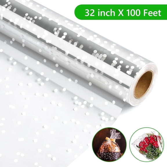 Tripumer Irregular White Dot Florist Paper Wrapper Clear Cellophane Wrap Roll with White Dots 32 inch X 100 feet Thicker Cellophane Roll Clear Wrapping Paper for Gifts Baskets Flowers Arts Craft