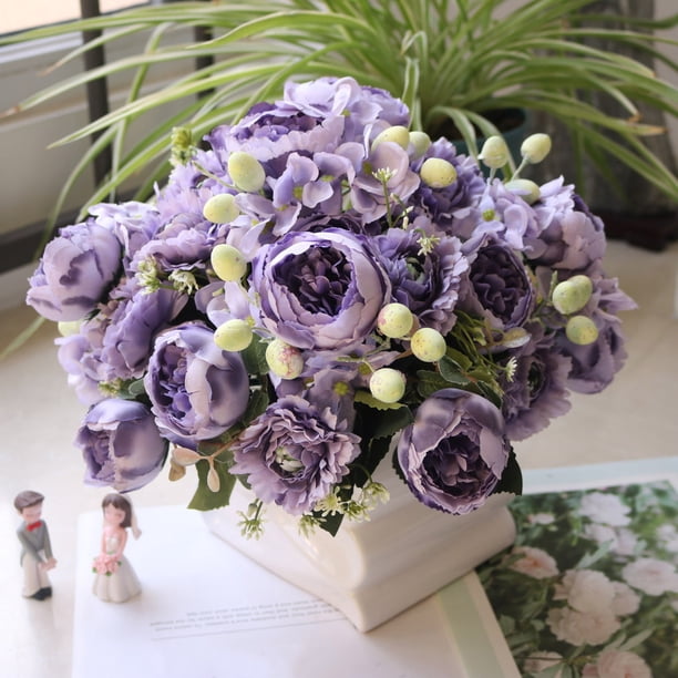 Ramo de flores artificiales, hortensias, peonías, bayas, arreglo floral sintético de 5 cabezas para centros de mesa de bodas y decoración del hogar