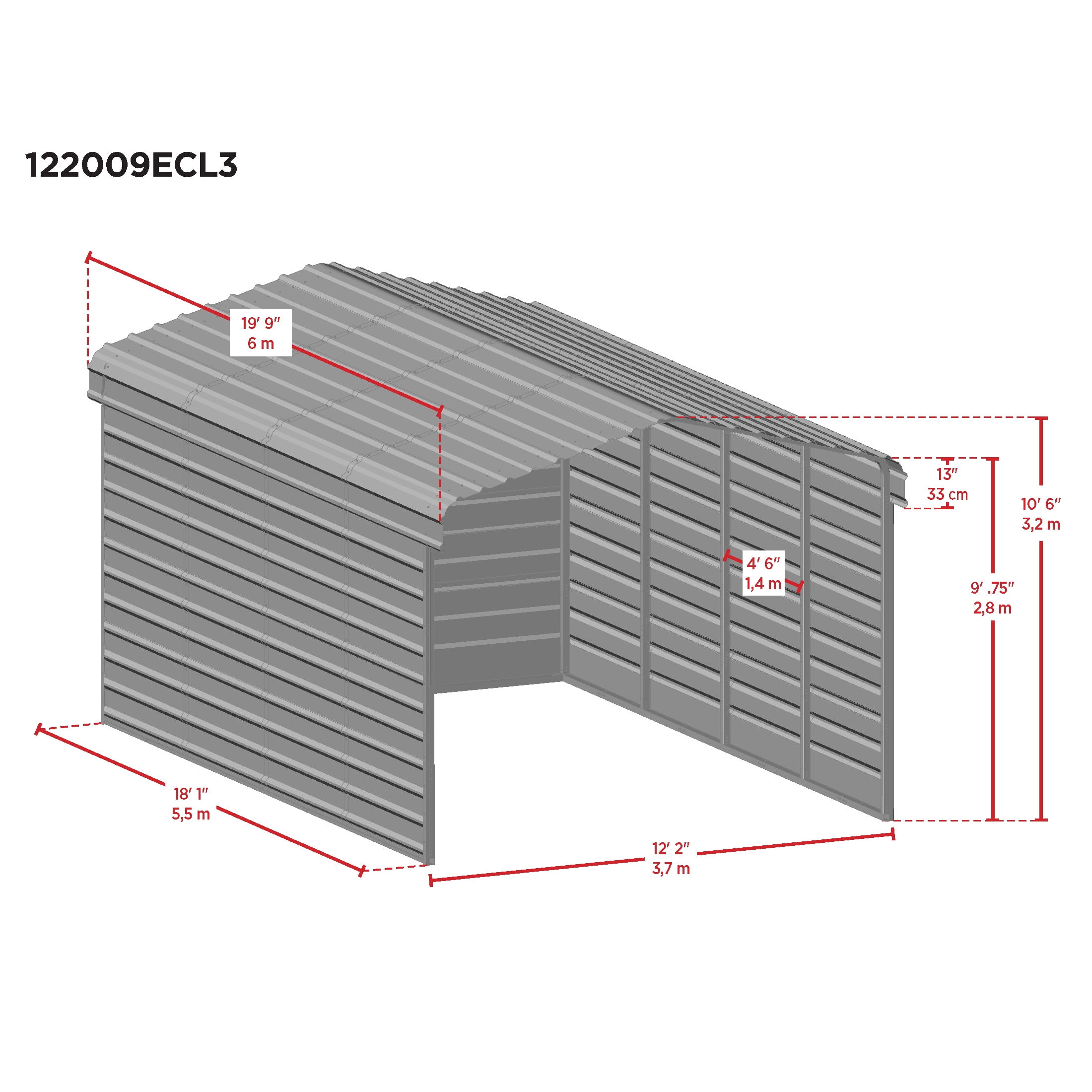 Arrow 12 x 20 x 9 ft Charcoal Steel Carport With 3 Wall Kits