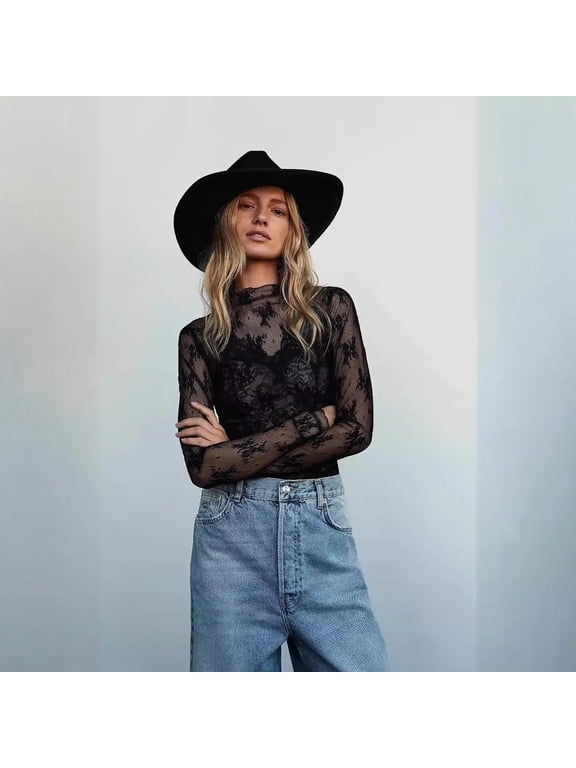 Women Sheer Floral Lace Mock Neck Long Sleeve Top, Ruffle Trim Mesh Layering Blouse, Slim Fit SeeThrough Undershirt