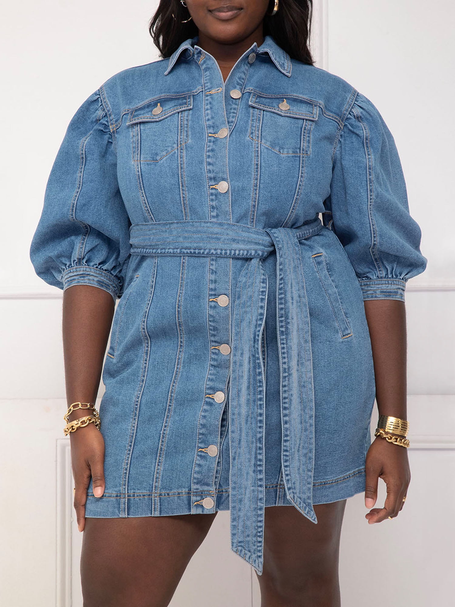 ELOQUII Elements Women's Plus Puff Sleeve Denim Jacket Dress ELOQUII Elements Women's Plus Puff Sleeve Denim Jacket Dress