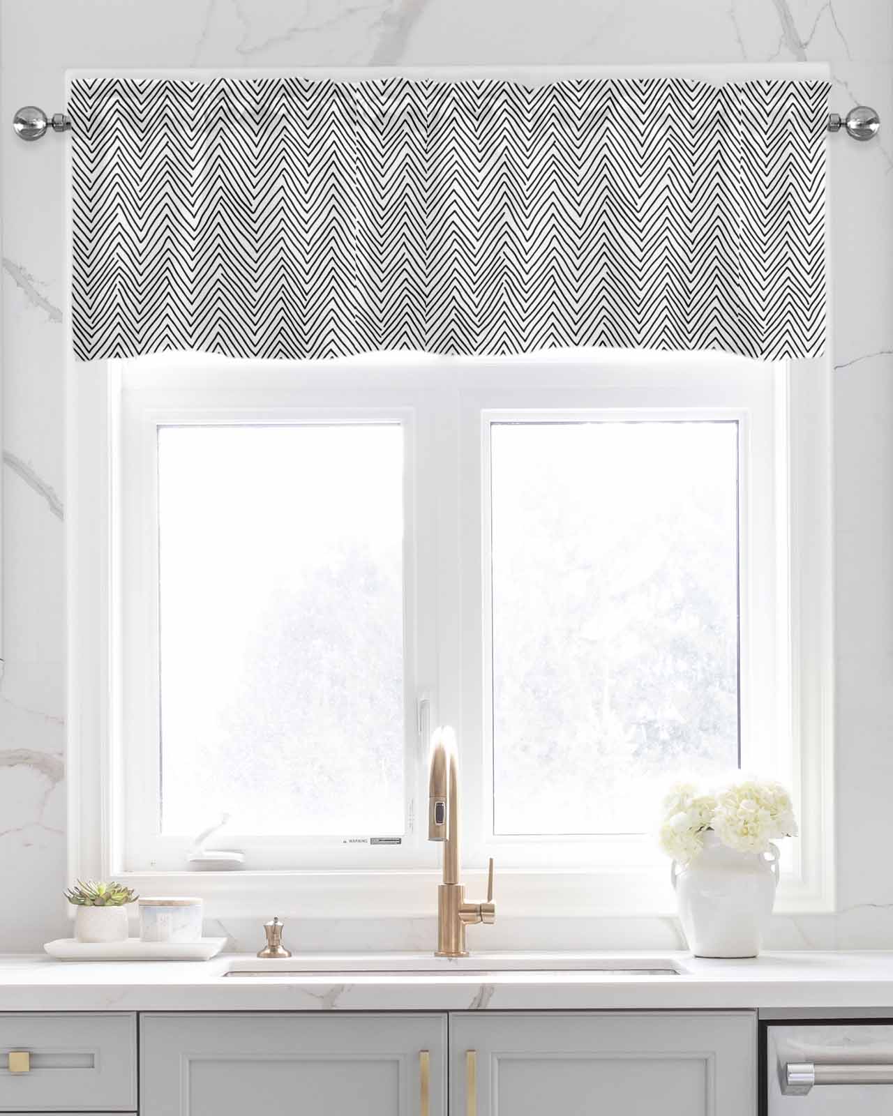 White Black Stripe Kitchen Valances for Windows Farmhouse Linen Window Valance Curtain for Living Room Window Treatment Modern Abstract Art Moire Striped Valance Rod Pocket Topper Drape, 54 x 18 Inch