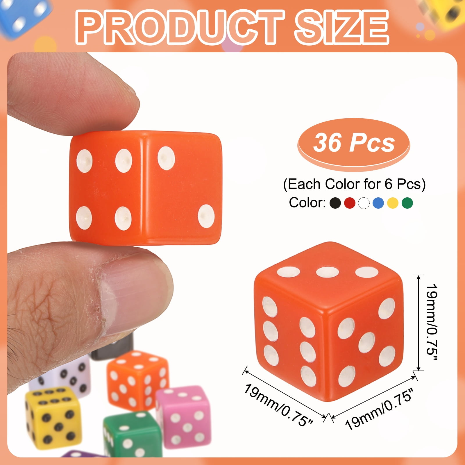 36Pack 6 Sided Acrylic Dice, 19mm/0.75" Large D6 Opaque Game Dice Bulk for Table Board Games Birthday Theme Party Fun Supply, Red/White/Black/Blue/Green/Yellow