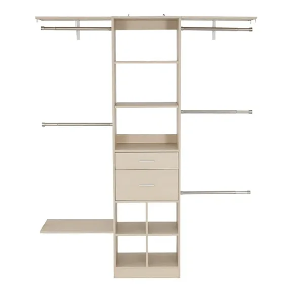 Modern Walk In Wardrobe Organizer Freestanding Closet System with 2 Drawers 5 Retractable Hanger Rods Adjustable Height Wooden Storage Rack Grey