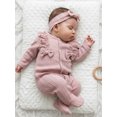 thumbnail image 4 of Cjfdfy Newborn Baby Girl Footed Romper Fall Winter Outfits Solid Color Bow Ruffled Long Sleeve Jumpsuit with Bow Headband cute Knit Ruffle Button Romper 0-9 Months, 4 of 9