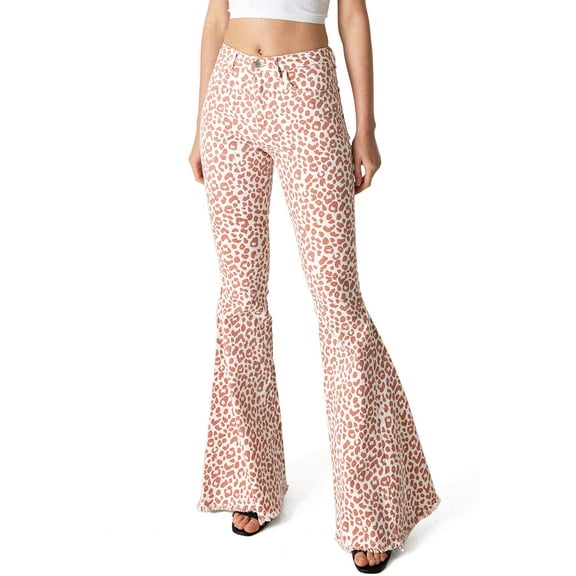 Saints & Hearts Womens Juniors High Rise Leopard Print Boho Flares (Canyon Rose, Small)