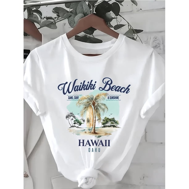 Waikiki Beach Hawaiian Surf Graphic Print Stylish Casual Short Sleeve, Summer Fit Fit, Crew Neck Women'S T-Shirt