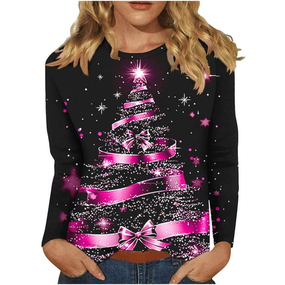 Long Sleeve Shirts for Womens 2025 Christmas TShirts Casual Trendy Xmas Printing Blouses Soft Crewneck Christmas Shirt Pullover Tops