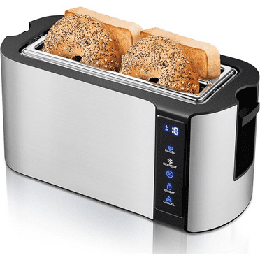 Long Slot 4 Slice Toaster, Countdown Timer, Bagel Function 6 Toast Setting, Defrost, Cancel Function, Built-in Warming Rack, Extra Wide Slots for Bagels Waffles, Stainless Steel